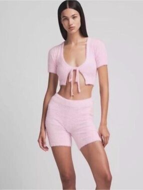 SKIMS Pink Tie-Front Crop Top & High-Waist Shorts Set